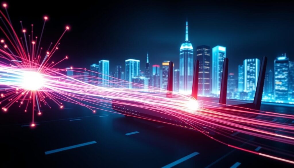 A high-speed IPTV connection surging with digital energy. In the foreground, a vibrant fiber optic cable twists and turns, pulsing with shimmering light. The middle ground features a cutting-edge router, its sleek design radiating a sense of technological prowess. In the background, a stylized cityscape with towering skyscrapers and glowing data centers, all bathed in a cool, futuristic glow. Soft, directional lighting highlights the clean lines and dynamic forms, creating a sense of power and efficiency. The overall tone is one of modern, high-tech sophistication - the perfect visual representation of the internet speed required for uninterrupted IPTV streaming.