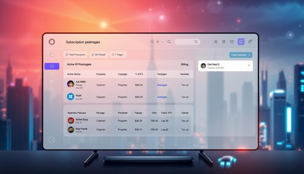 A high-tech digital dashboard with a sleek, minimalist interface. In the foreground, a user-friendly subscription management portal displaying a customer's active IPTV packages, billing details, and seamless upgrade options. Warm ambient lighting casts a soft glow, creating a sense of simplicity and efficiency. The middle ground features a stylized animation of packages being provisioned, with smooth transitions and a clean, modern aesthetic. In the background, a futuristic cityscape with towering skyscrapers and a vibrant, neon-infused night sky, hinting at the advanced technology powering the GetMaxTV platform.