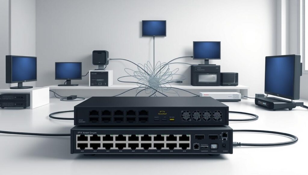 A highly detailed and technical illustration of a networked computing environment, showcasing a multicast group configuration. The foreground features a prominent network switch or router, its ports and interfaces clearly visible, surrounded by interconnected devices such as computers, set-top boxes, and smart TVs, all arranged in a visually compelling layout. The middle ground depicts a complex web of network cables and connections, conveying the intricate nature of the setup. The background subtly hints at a modern, minimalist office or home interior, with clean lines and muted tones, allowing the technical elements to take center stage. The lighting is crisp and evenly distributed, with a slight soft-focus effect to emphasize the precise details. The overall mood is one of thoughtful, functional design, reflecting the step-by-step nature of the IPTV multicast network configuration process.