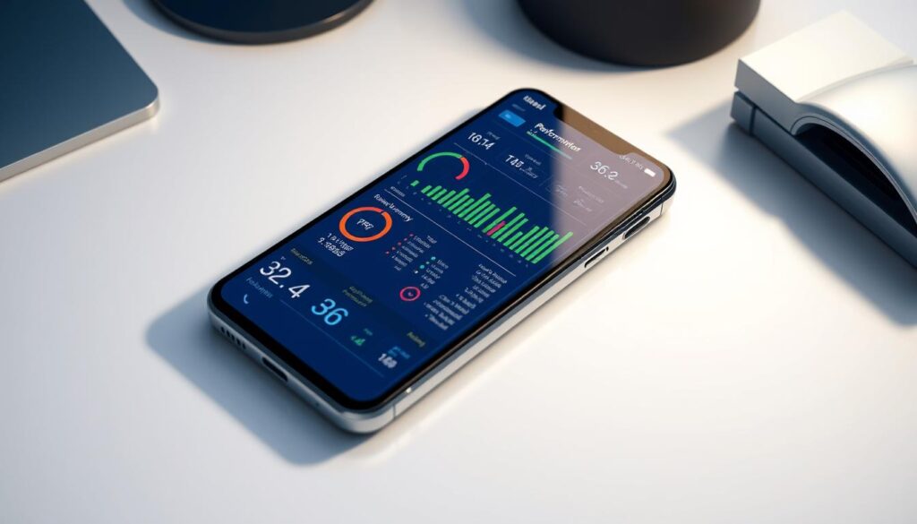 A highly detailed, realistic illustration of an app performance monitoring dashboard displayed on a sleek, modern smartphone device. The screen shows various metrics such as CPU and memory usage, network latency, frames per second, and other key performance indicators. The device is placed on a minimalist desk surface, with soft lighting highlighting the crisp display. The overall atmosphere conveys a sense of technical proficiency and efficiency, suitable for an article on optimizing IPTV performance.