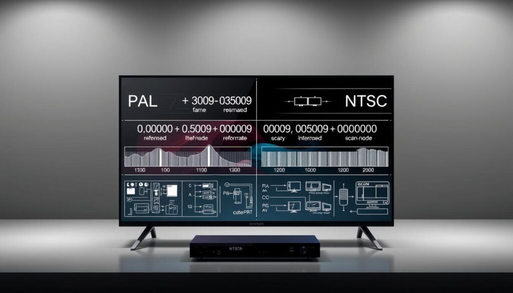 A highly detailed, technical illustration of video output modes, showcasing the distinct visual characteristics of PAL and NTSC standards. Set against a neutral, monochrome backdrop, the foreground features a sleek, modern display device, its screen illuminated with a dynamic, high-contrast depiction of various frame rates, refresh rates, and interlaced/progressive scan modes. The middle ground showcases technical schematics and diagrams, providing clear visual references to the underlying technical specifications. The background subtly hints at the broader landscape of video technology, with muted, industrial-inspired elements that convey a sense of precision and innovation. Lighting is crisp and directional, accentuating the technical nature of the scene, while the overall composition maintains a balanced, visually appealing aesthetic.