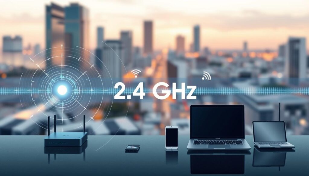 A highly detailed, technical illustration showcasing the 2.4GHz wireless band. In the foreground, a clear visualization of the 2.4GHz radio waves, their wavelength and frequency, depicted with precision and scientific accuracy. In the middle ground, various wireless devices such as routers, smartphones, and laptops, connected and communicating via the 2.4GHz band, all rendered in a sleek, minimalist style. The background features a soft, blurred cityscape, hinting at the real-world applications and ubiquity of this wireless technology. The overall image has a cool, futuristic tone, emphasizing the technical and functional aspects of the 2.4GHz band for seamless IPTV streaming.
