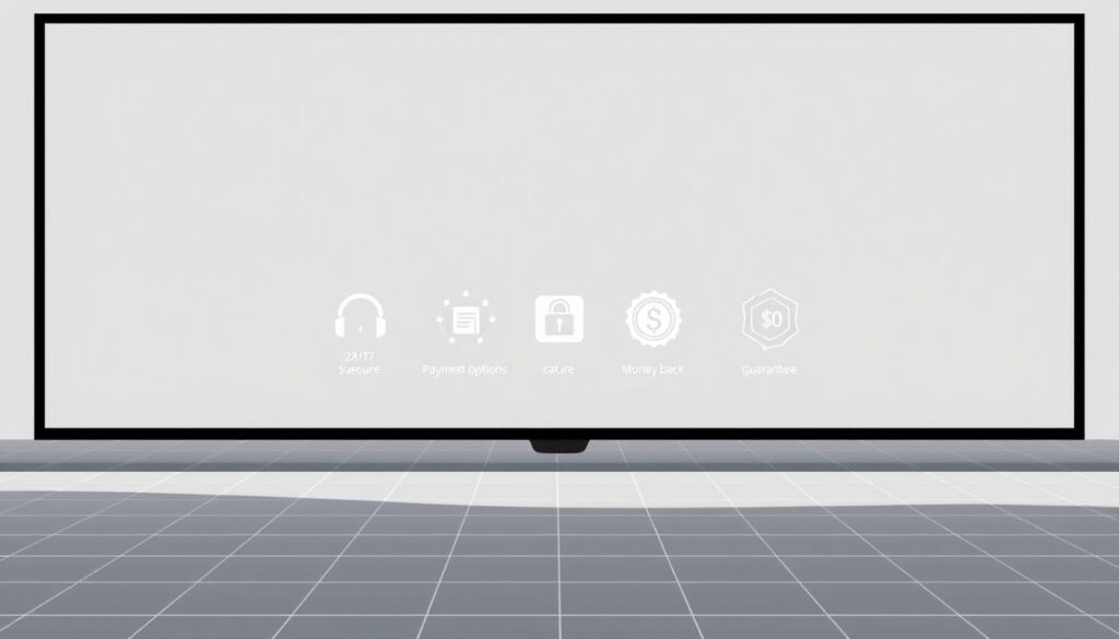 A minimalist, high-contrast illustration showcasing key "service trust signals" for an IPTV provider. In the foreground, a series of clean, geometric icons representing factors like 24/7 customer support, secure payment options, and a money-back guarantee. The midground features a subtle grid pattern, conveying a sense of organization and reliability. In the background, a muted gradient fills the frame, setting a professional, trustworthy tone. Crisp, directional lighting casts gentle shadows, heightening the sense of depth and tangibility. The overall aesthetic is sleek, modern, and designed to instill confidence in the IPTV service's credibility.