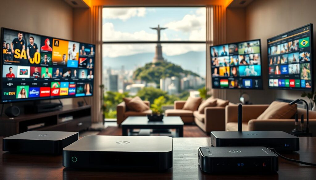 A modern, cinematic view of a vibrant Brazilian IPTV setup. In the foreground, a selection of sleek, minimalist streaming devices against a backdrop of various TV channels and sports networks displayed on multiple screens. The middle ground features a cozy living room with plush furniture and warm lighting, creating an inviting atmosphere. In the background, a glimpse of the lively cityscape of Brazil, with lush greenery and the iconic Christ the Redeemer statue overlooking the scene. The overall composition conveys the excitement and convenience of accessing a vast array of Brazilian TV content through a high-quality IPTV system, reflecting the dynamic and evolving landscape of the country's media landscape.