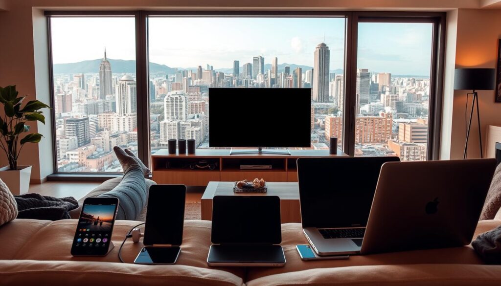 A modern living room with an expansive window overlooking a cityscape. In the foreground, an array of digital devices - smartphones, tablets, and a laptop - are seamlessly connected, showcasing the ease of accessing content across platforms. The middle ground features a sleek entertainment unit housing a smart TV, blending technology with minimalist design. The background depicts the vibrant skyline of a bustling Mexican city, alluding to the diverse channels and programming available through IPTV. The scene is bathed in warm, natural lighting, creating a cozy and inviting atmosphere for effortless media consumption.