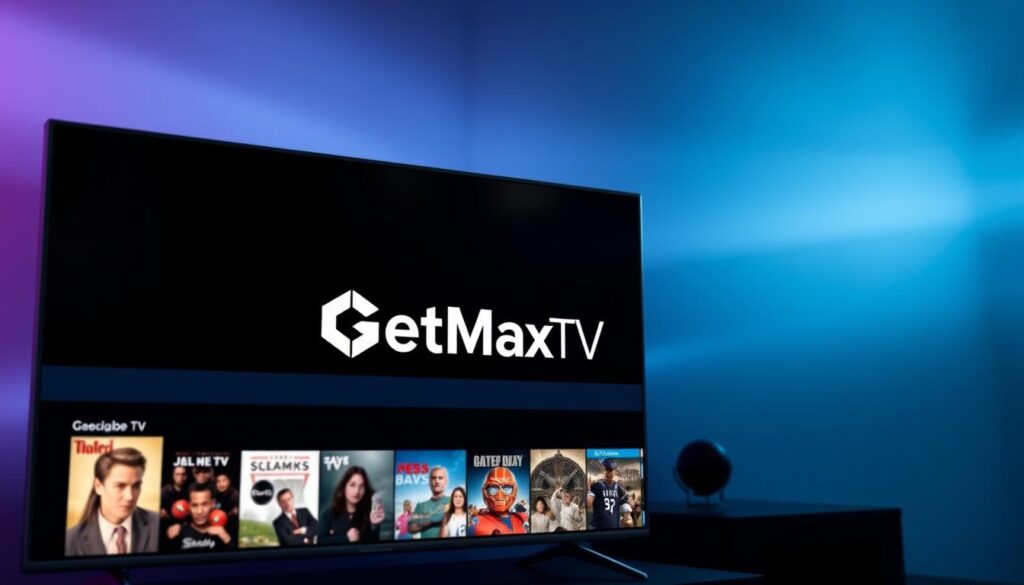 A modern media center interface showcasing the GetMaxTV streaming service. In the foreground, a sleek, minimalist TV display with a bold, geometric GetMaxTV logo. The middle ground features a curated selection of movie, TV, and sports thumbnails, hinting at the diverse content library. The background is a soft, cinematic gradient of blues and purples, creating a premium, high-tech ambiance. Subtle lighting effects, such as glowing accents and a slight depth of field, enhance the sense of depth and professionalism. The overall composition conveys the ease, quality, and breadth of the GetMaxTV streaming experience.
