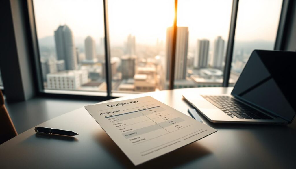 A modern, minimalist office interior with a large, bright window overlooking a bustling cityscape. In the foreground, a sleek, modern desk with a laptop, pen, and paperwork neatly arranged. On the desk, a simple, elegant subscription plan flyer or brochure, showcasing flexible options and an affordable monthly cost. The lighting is soft and natural, casting a warm glow across the scene. The overall atmosphere is one of productivity, professionalism, and a sense of value and accessibility. The image conveys the idea of an affordable, user-friendly subscription service that caters to the needs of the modern Pakistani consumer.