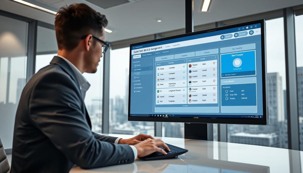 A modern office interior with a large display screen showcasing a subscriber device management interface. The screen displays a grid of user accounts, device details, and control panels. In the foreground, a person in a business casual outfit is interacting with the interface using a sleek wireless keyboard and mouse. Soft, directional lighting from overhead accentuates the clean, minimalist design of the workspace. The background features a floor-to-ceiling window with a cityscape visible outside, creating a sense of professionalism and technological sophistication.