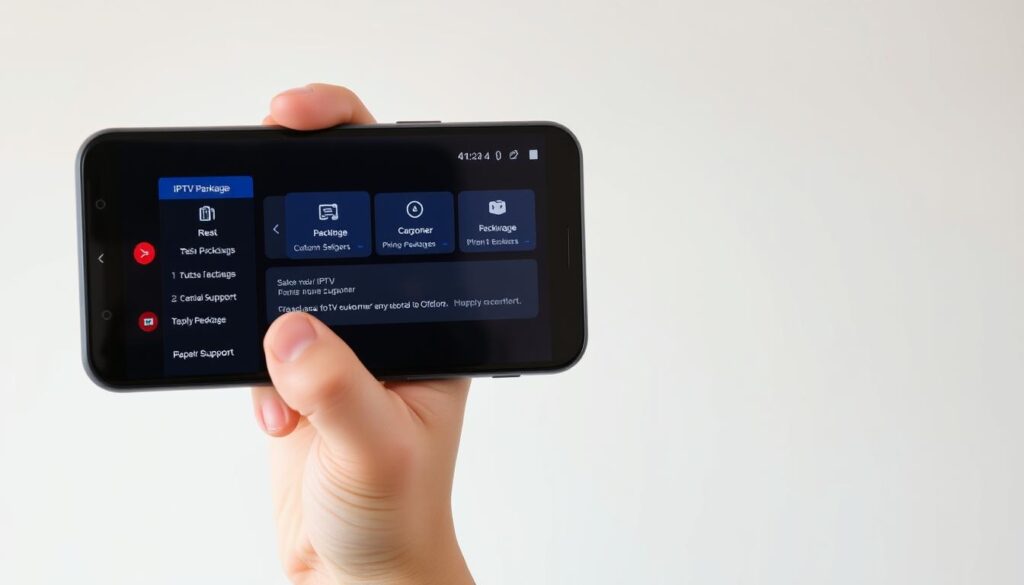 A modern, sleek IPTV package displayed on a smartphone against a clean, minimalist background. The screen shows a well-organized menu with clear pricing information, package options, and customer support details. The device is held by a hand in a relaxed, natural pose, conveying a sense of ease and accessibility. Soft, directional lighting highlights the screen's clarity, while the overall composition creates a visually appealing, high-value impression. The scene evokes a streamlined, user-friendly IPTV experience that provides exceptional value to the customer.