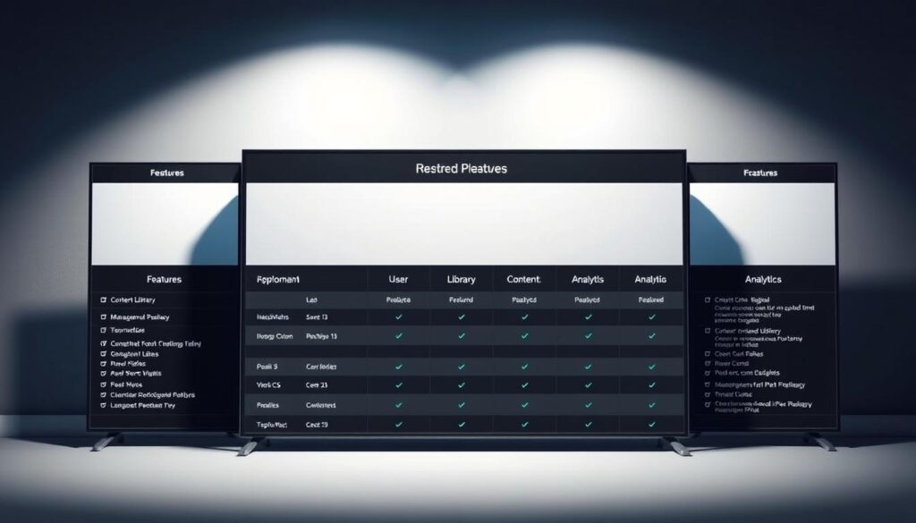 A panel comparison checklist showcasing a pragmatic analysis of various IPTV reseller platforms. The foreground features a clean, minimalistic layout of side-by-side panels, each displaying key features like user management, content library, and analytics. The middle ground highlights a detailed comparison table, with a modern, data-driven aesthetic. The background subtly blends shades of blue and gray, creating a professional, tech-forward atmosphere. Lighting is soft and uniform, casting gentle shadows to accentuate the panel details. The overall composition conveys a sense of clarity, practicality, and informed decision-making for IPTV resellers.