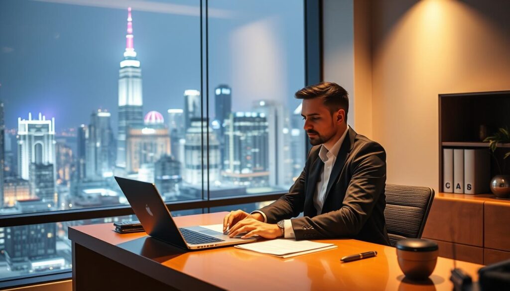 A professional and modern office setting, with a person seated at a desk in front of a large window overlooking a bustling city skyline. The person is using a laptop and appears to be working on legal documentation related to IPTV reselling. The lighting is warm and natural, with soft shadows and highlights that create a sense of depth and atmosphere. The desk is organized and clutter-free, with a few subtle decorative elements that suggest the person's attention to detail and professionalism. The overall mood is one of focus, productivity, and a commitment to operating within legal boundaries.
