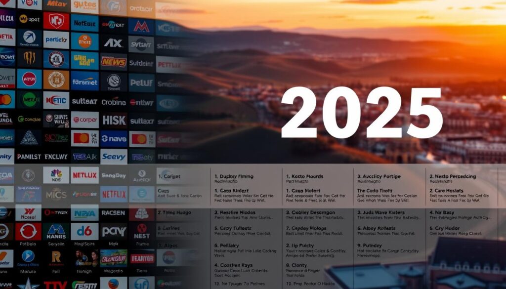 A richly detailed, listicle-style guide to the must-see Russian IPTV channels of 2025. In the foreground, a stylized mosaic of channel logos and icons, each subtly backlit to draw the eye. In the middle ground, a curated selection of channel names and descriptions laid out in a grid-like, magazine-inspired layout. The background features a sweeping panorama of the Russian landscape - rolling hills, iconic architecture, and a vibrant, saturated sky glowing with warm, natural lighting. The overall aesthetic is sleek, modern, and visually engaging, reflecting the future-focused nature of the IPTV landscape.