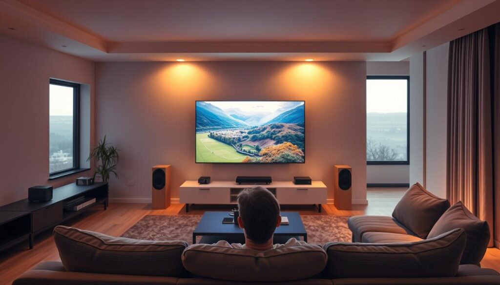 A serene living room with a large flat-screen TV displaying a vibrant, high-definition IPTV stream. The scene is bathed in warm, soft lighting, creating a cozy and inviting atmosphere. In the foreground, a person sits comfortably on a plush couch, completely immersed in the captivating visuals on the screen. The middle ground features sleek, modern media equipment and a minimalist entertainment center, hinting at the advanced technology powering the seamless IPTV experience. The background showcases a tranquil, minimalist decor, with large windows allowing natural light to filter in, enhancing the overall ambiance and sense of visual clarity.