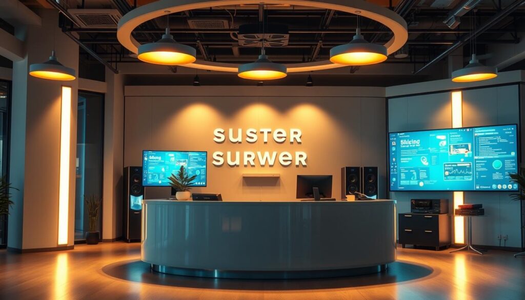 A serene office workspace with an always-on support desk at the center. Warm lighting from overhead fixtures bathes the scene in a soft, welcoming glow. The desk is manned by a friendly, attentive support agent ready to assist, conveying a sense of reliability and commitment to customer service. In the background, sleek, state-of-the-art hardware and displays showcase the cutting-edge technology powering the IPTV billing system. The overall atmosphere exudes a calming professionalism, reflecting the "reliable by design" ethos of the system.