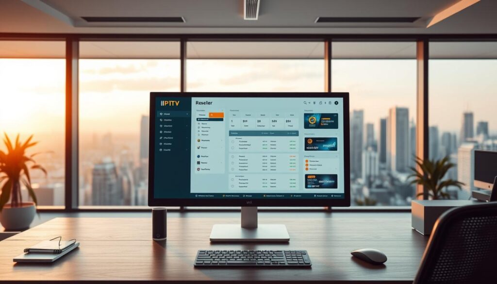 A sleek and modern IPTV reseller panel setup, showcasing a clean, minimalist interface against a backdrop of serene office ambiance. The foreground features a desktop computer with a large, high-resolution display, showcasing the reseller dashboard and management tools. Subtle lighting casts a warm, productive glow, while the middle ground reveals a tidy workspace with a keyboard, mouse, and other essential peripherals. In the background, a large window offers a view of a bustling cityscape, hinting at the global reach and scale of the IPTV reselling business. The overall atmosphere conveys a sense of efficiency, professionalism, and technological sophistication, aligning with the "streamlined checklist" theme of the article.