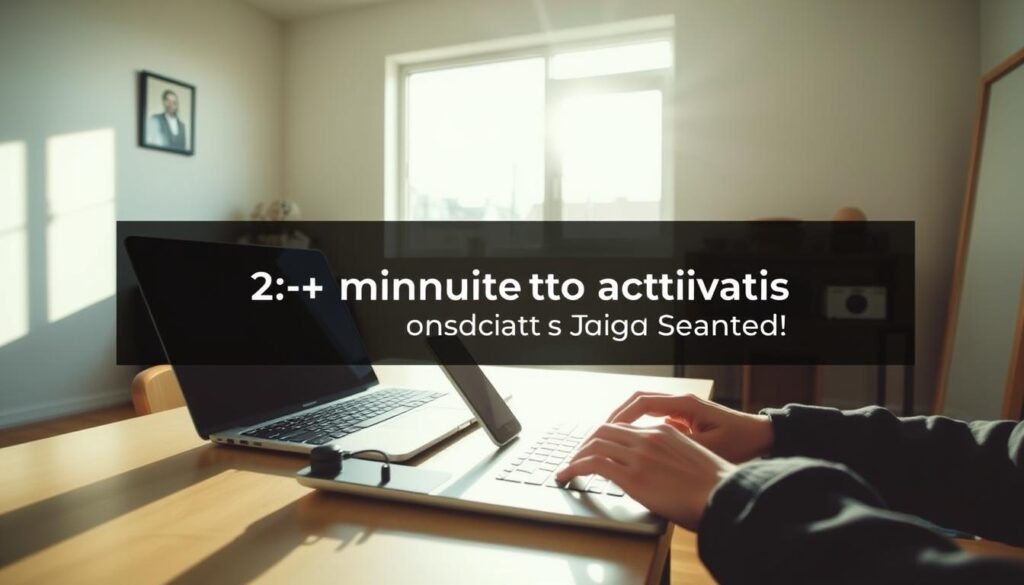 A sleek and modern home office setup, bathed in warm, natural lighting streaming in through a large window. On the desk, a laptop and a smartphone are prominently displayed, conveying the idea of quick, efficient setup. The room has a minimalist, clutter-free aesthetic, with clean lines and neutral tones, creating a sense of focus and productivity. In the foreground, the user's hands are visible, typing on the laptop, demonstrating the "two-minute activation" process. The overall scene exudes a feeling of simplicity, ease, and the ability to quickly transition from decision to live streaming.