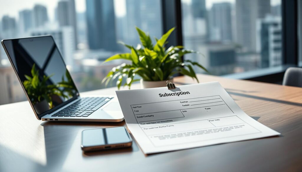 A sleek and modern office desk, with a laptop, smartphone, and a crisp white subscription form in the foreground. The lighting is soft and natural, casting gentle shadows across the desk. In the middle ground, a lush, verdant plant adds a touch of life to the scene. The background is a blurred cityscape, hinting at the broader business landscape. The overall atmosphere conveys a sense of professionalism, efficiency, and the importance of subscription-based revenue models in the IPTV industry.