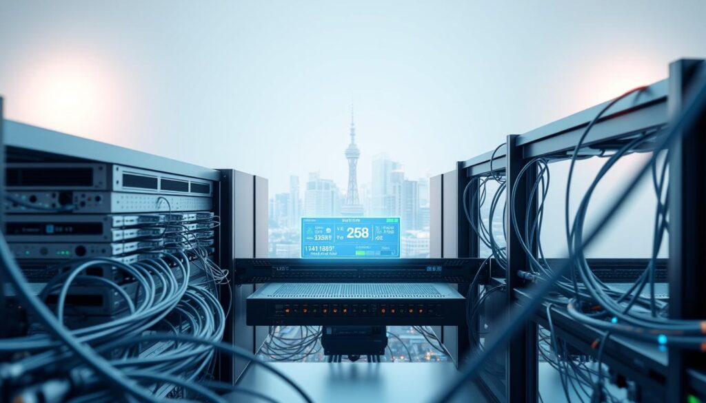 A sleek, high-tech network infrastructure against a clean, minimalist backdrop. In the foreground, a series of interconnected nodes, routers, and cables in shades of steel and chrome, conveying the seamless flow of data. The middle ground features a glowing digital interface, displaying real-time connection status and bandwidth usage, hinting at the reliable performance required for a smooth IPTV experience. In the background, a panoramic view of a futuristic cityscape, representing the advanced technological landscape of modern Japan. Soft, directional lighting casts a warm, ambient glow, creating a sense of sophistication and efficiency. The overall composition suggests the key requirements for a Japanese IPTV system: a robust, high-speed network infrastructure that can deliver a seamless, uninterrupted viewing experience.