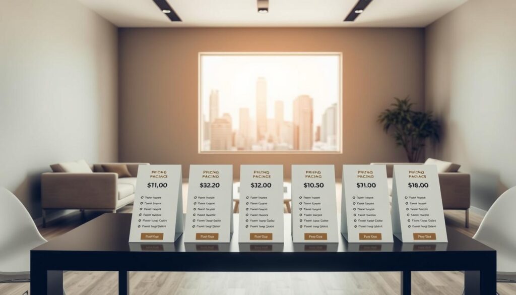 A sleek, minimalist design studio setting with modern furniture and clean lines. In the foreground, a table displays various pricing packages, each represented by a crisp, geometric shape with clear pricing information. The middle ground features a large window overlooking a cityscape, bathing the scene in warm, natural lighting. The background is a muted, neutral-toned wall, allowing the pricing information to take center stage. The overall atmosphere is professional, sophisticated, and conducive to informed decision-making.