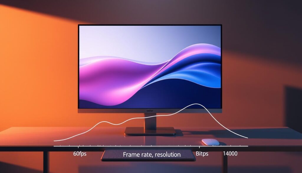 A sleek, minimalist desktop scene showcasing a high-fidelity display showcasing a smooth, flowing 60fps animation. The display is positioned on a modern, metal-and-glass desk, bathed in warm, directional lighting that casts dramatic shadows. In the foreground, a minimalist line graph tracks the relationship between frame rate, resolution, and bitrate, conveying the technical details in a clean, data-driven style. The overall mood is one of precision, technological prowess, and a focus on delivering the best possible visual experience.