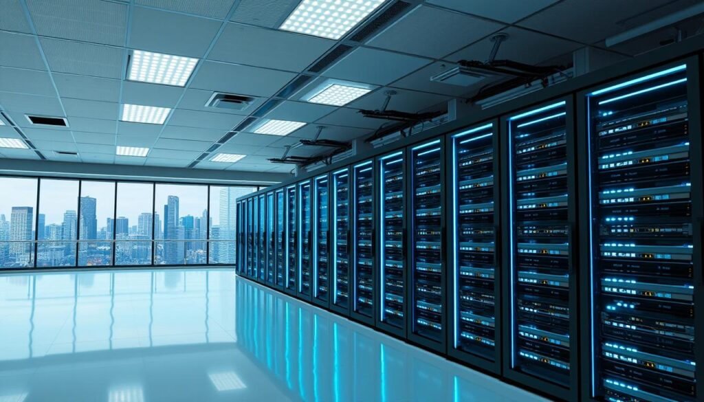 A sleek, modern data center with rows of racks housing high-performance streaming servers. The servers are illuminated by cool-toned, energy-efficient lighting, casting a soft glow across the room. The scene is captured from a slightly elevated angle, giving a panoramic view of the servers and the clean, minimalist architecture. The background features a large window overlooking a cityscape, with skyscrapers and the horizon visible in the distance. The overall atmosphere conveys a sense of technological sophistication, reliability, and efficiency - essential elements for a robust IPTV infrastructure.