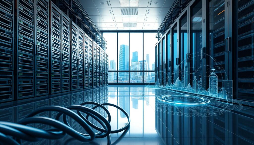 A sleek, modern data center with stacks of server racks, cooling units, and networking equipment. Gleaming metal and glass surfaces reflect the soft, ambient lighting. In the foreground, a network cable snakes along the floor, symbolizing the flow of digital content. The middle ground features a holographic display showcasing dynamic data visualizations, illustrating the real-time processing and delivery of media streams. In the background, a panoramic window overlooks a bustling urban skyline, hinting at the global reach of the content delivery infrastructure. The overall scene conveys a sense of efficiency, technological prowess, and the seamless distribution of digital content.