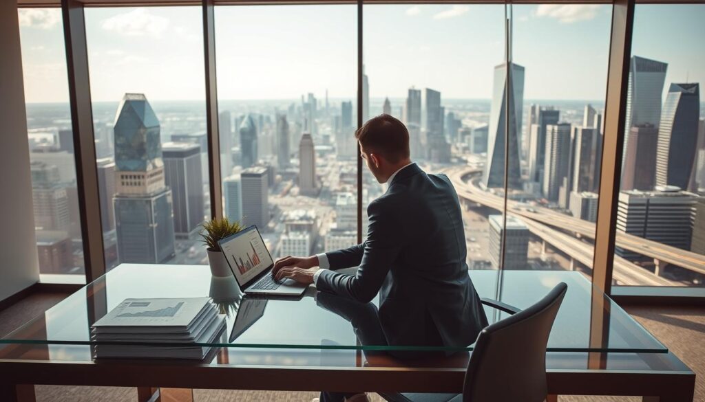 A sleek, modern office interior with a large, panoramic window overlooking a bustling city skyline. In the foreground, a minimalist, glass-topped desk features a laptop, a stack of documents, and a small potted plant. A well-dressed professional in a tailored suit sits at the desk, deep in thought as they contemplate various financial charts and graphs on the laptop screen. The middle ground is bathed in warm, natural lighting that filters in through the window, casting a soft, golden glow on the scene. In the background, the cityscape is a vibrant, dynamic display of skyscrapers, bridges, and traffic, symbolizing the constant flux of the monetization landscape. The overall atmosphere conveys a sense of productivity, growth, and the pursuit of financial success.