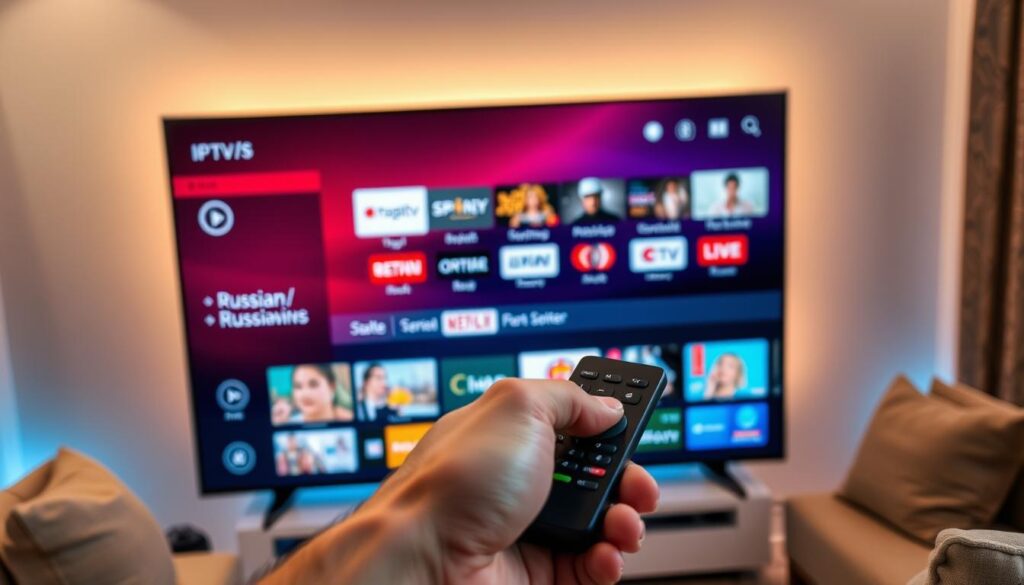 A sleek, modern smart TV displaying an IPTV interface, showcasing a variety of Russian TV channels. The screen is bathed in a warm, inviting glow, with the interface design featuring clean lines, bold colors, and intuitive controls. In the foreground, a hand holding a remote control is poised, ready to navigate the channels and content. The background depicts a cozy living room setting, with plush furniture and soft, indirect lighting, creating a comfortable and immersive viewing experience. The overall scene conveys the ease and accessibility of starting to watch Russian IPTV, inviting the viewer to explore the wealth of entertainment options available.