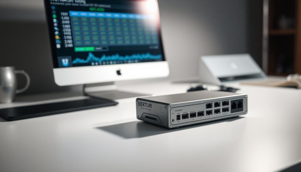 A sleek, modern test device sits on a minimalist desk, its clean lines and subtle design accents conveying a sense of precision and functionality. The device is positioned in the foreground, illuminated by a soft, diffused light that casts gentle shadows, highlighting its various ports and buttons. The middle ground features a computer monitor displaying network connectivity metrics, while the background is blurred, suggesting a well-appointed, professional workspace. The overall mood is one of technological sophistication and a focus on practical, efficient testing for IPTV performance.