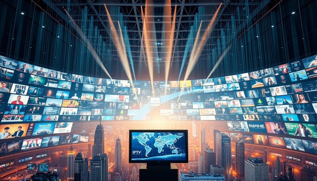 A sprawling IPTV landscape unfolds, with sleek, futuristic screens showcasing a myriad of channels and services. Beams of light cascade from above, illuminating the scene in a warm, inviting glow. In the foreground, a central display unveils the untapped potential of this dynamic market, its interfaces intuitive and user-friendly. Surrounding this focal point, a backdrop of towering skyscrapers and bustling cityscapes hints at the global reach and scale of the IPTV industry. The overall atmosphere conveys a sense of innovation, opportunity, and the transformative power of this emerging technology.