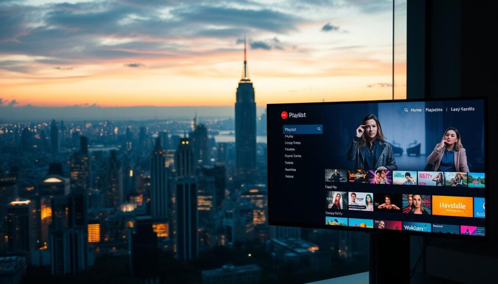 A sprawling cityscape at night, the skyline dotted with towering skyscrapers. In the foreground, two screens side-by-side: one displaying a colorful, eclectic playlist, the other a sleek, premium IPTV interface. The playlist screen is vibrant, pulsing with energy, while the premium service screen is elegant, offering a curated selection of lifestyle and reality TV content. The city below is bathed in a warm, ambient glow, hinting at the diverse range of entertainment options available to the modern viewer. A cinematic, high-contrast lighting setup emphasizes the contrast between the two screens, creating a thought-provoking visual metaphor for the changing landscape of home entertainment.