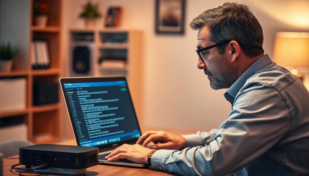 A technician intently focused on a laptop, troubleshooting an IPTV device. The scene is set in a cozy home office, with warm lighting and a minimalist desk setup. The laptop's screen displays diagnostic information, while the technician's expression conveys a sense of concentration and problem-solving. The background is blurred, creating a sense of depth and emphasis on the central subject. The overall atmosphere evokes a productive, professional environment dedicated to resolving IPTV-related issues.