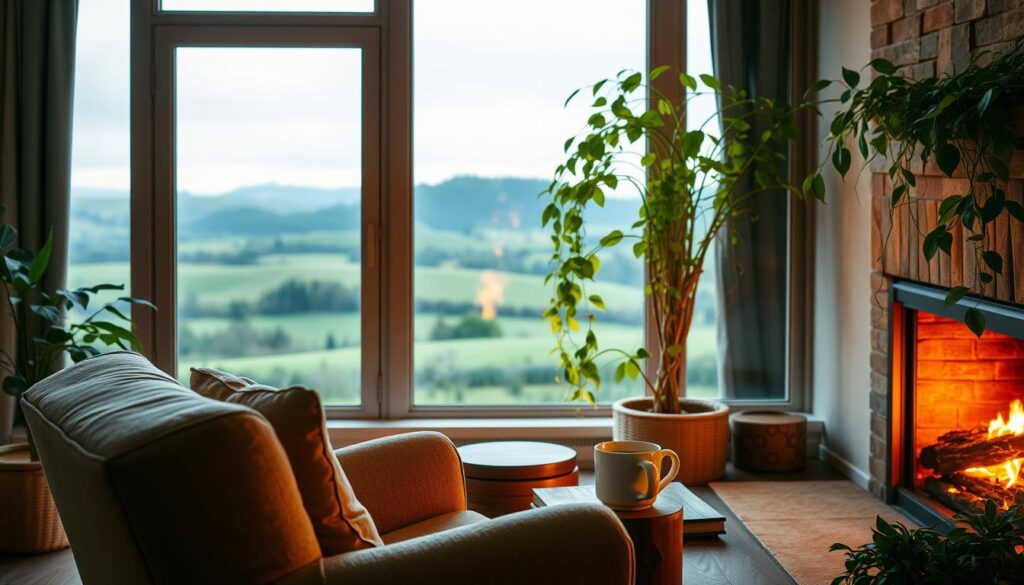A tranquil and soothing scene of a cozy living room, bathed in soft, warm lighting. In the foreground, a plush, inviting armchair sits facing a crackling fireplace, its flickering flames casting a comforting glow. Nearby, a sturdy wooden side table holds a steaming mug of tea, a symbol of comfort and support. The middle ground features a lush, verdant indoor plant, its vibrant leaves and tendrils cascading gracefully, conveying a sense of rejuvenation and peace. In the background, a large window overlooks a serene, pastoral landscape, with rolling hills and a distant horizon, suggesting a refuge from the outside world. The overall atmosphere is one of tranquility, reliability, and a sense of being sheltered and cared for.