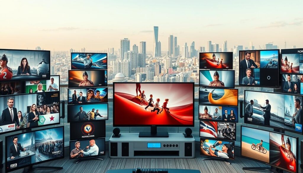 A vast array of Israeli TV channels in a modern, minimalist composition. In the foreground, sleek, high-definition displays showcase diverse content - from news, dramas, and sports to children's programming and cultural shows. The middle ground features a clean, futuristic interface with intuitive controls, seamlessly blending classic and cutting-edge technology. In the background, a cityscape of Tel Aviv skyline provides a vibrant, cosmopolitan backdrop, hinting at the global reach and cultural richness of Israel's IPTV ecosystem. Warm, natural lighting accentuates the clarity and vibrancy of the displays, creating an inviting and immersive viewing experience.