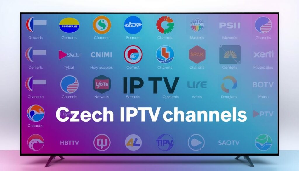 A vibrant array of Czech IPTV channel logos in a sleek, minimalist design. The foreground features a neatly arranged grid of iconic channel emblems, each with a distinctive color palette and graphical elements. The middle ground showcases the channels' names in a clear, legible typeface, while the background maintains a subtle, unobtrusive gradient that complements the overall aesthetic. The scene is illuminated by soft, diffused lighting, creating a clean and professional look that captures the essence of the Czech IPTV landscape. The composition is balanced and visually appealing, making it an ideal illustration for the "Czech IPTV channels" section of the article.