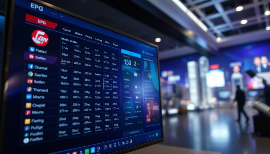 A vibrant, detailed desktop interface displaying an Electronic Program Guide (EPG) data visualization. The foreground showcases a sleek, high-resolution grid of TV channel listings and program information, with clear iconography and color-coded timeslots. The middle ground features various control panels, search bars, and settings options, allowing the user to navigate and customize the EPG experience. The background presents a subtle, blurred cityscape or media-centric environment, conveying a sense of technology and connectivity. Soft, diffused lighting enhances the modern, professional aesthetic, while the camera angle provides an immersive, user-centric perspective. The overall composition aims to illustrate the seamless integration of EPG data into a intuitive, user-friendly interface.