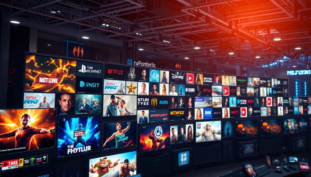 A vibrant digital landscape showcasing the future of content delivery. In the foreground, a dynamic array of live TV channels, each with its own distinct visual style and pulsing energy. Behind them, an expansive on-demand library, its titles and cover art gleaming with cinematic allure. In the background, a state-of-the-art content delivery network, its sleek infrastructure and interconnected nodes hinting at the seamless streaming experiences to come. Warm lighting bathes the scene, creating a sense of immediacy and immersion, while a subtle cinematic depth-of-field effect draws the viewer's eye to the heart of the action. This is the content that counts - live, on-demand, and delivered with unparalleled quality and reliability.