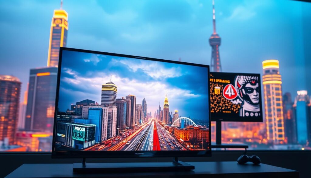 A vibrant, dynamic scene showcasing the stark contrast between progressive and adaptive streaming technologies. In the foreground, a glossy, futuristic-looking smart TV displays a crystal-clear, high-definition video feed. Behind it, a second TV struggles with pixelated, choppy playback, representing the limitations of traditional progressive streaming. The background features a bustling cityscape bathed in warm, golden lighting, emphasizing the modern, cutting-edge nature of adaptive streaming. The composition highlights the knockout difference between these two video delivery methods, underscoring the technological advancements that will define the IPTV landscape in 2025.