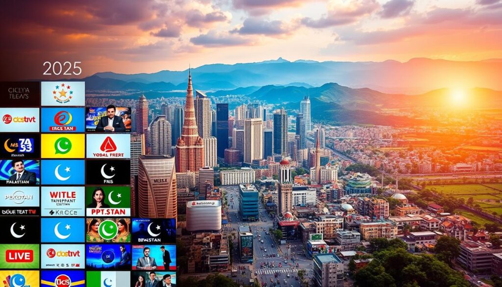 A vibrant mosaic of Pakistani television channels, showcasing a diverse array of content against a dynamic backdrop. In the foreground, a grid of colorful channel logos and program thumbnails, representing the breadth of entertainment, news, and cultural programming available. In the middle ground, a bustling cityscape with towering skyscrapers and bustling streets, reflecting the urban energy of Pakistan. In the background, a scenic landscape of rolling hills and lush greenery, evoking the natural beauty of the country. The scene is illuminated by warm, golden lighting, creating a sense of vibrancy and excitement, capturing the essence of the Pakistani television landscape in 2025.