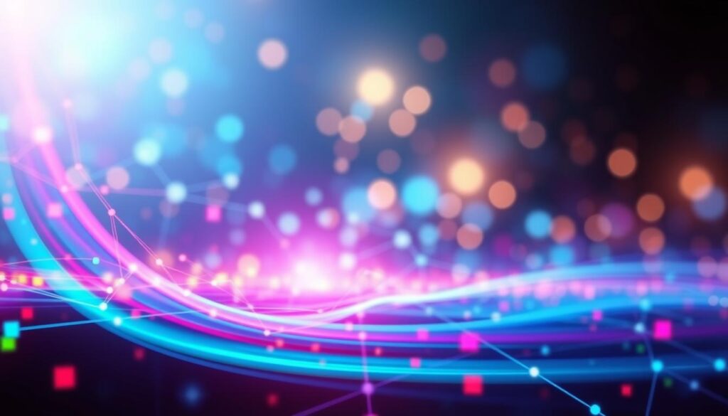 A vibrant network visualization depicting the speed and connectivity of the internet. The foreground features a data stream pulsing with vivid hues, symbolizing high-speed data transfer. In the middle ground, interconnected nodes and lines represent the infrastructure of the modern digital landscape. The background showcases a luminous, abstract backdrop of shimmering lights and gradients, evoking the technological dynamism of the IPTV ecosystem. Crisp, high-resolution imagery with a sharp focus and dramatic lighting to emphasize the power and precision of the IPTV speed test experience.