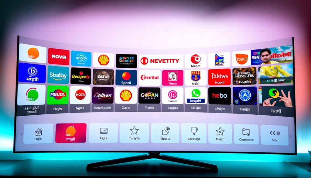 A visually captivating high-resolution image of a diverse array of popular Bengali TV channels streaming on a sleek and modern IPTV interface. The foreground features vibrant channel logos and crisp thumbnails, artfully arranged in a dynamic grid layout. The middle ground showcases a range of Bangla entertainment, news, sports, and lifestyle content categories, presented with elegant typography and iconography. The background depicts a minimalist user interface with a subtle gradient and clean UI elements, creating a sense of sophistication and technological advancement. The overall scene is illuminated by soft, directional lighting that enhances the colors and clarity of the digital display, evoking a premium, immersive viewing experience.