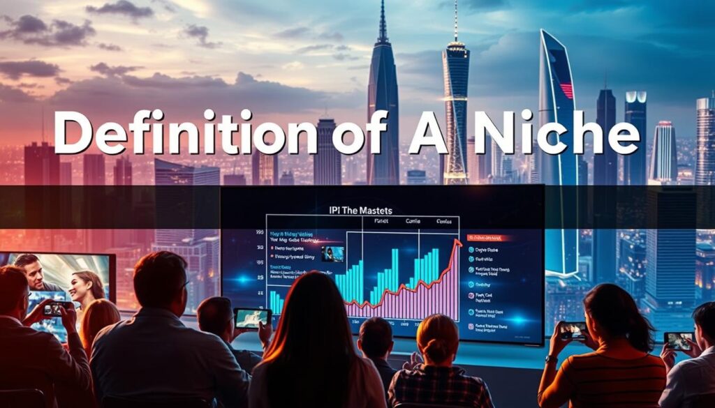 A visually striking image showcasing the definition of a niche for an IPTV business. The foreground features a group of people watching various streaming services on their devices, representing the diverse target audience. In the middle ground, a chart or graph highlights key market trends and insights, providing a data-driven analysis of the IPTV landscape. The background depicts a futuristic cityscape, with towering skyscrapers and a sleek, modern aesthetic, symbolizing the technological advancements shaping the IPTV industry. The lighting is warm and inviting, with a touch of futuristic ambiance. The overall composition conveys a sense of focus, innovation, and the strategic considerations necessary for defining a successful IPTV business niche.