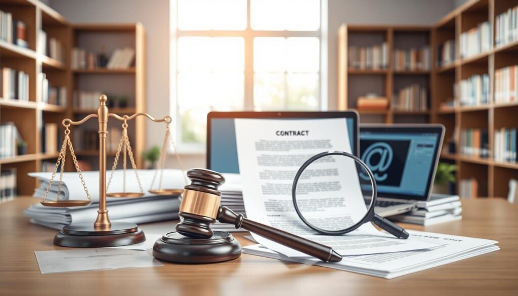 A well-lit, high-resolution image of legal documents, symbols, and icons conveying the concept of "legal rights for content". The foreground features a gavel, scales of justice, and a magnifying glass examining a contract. The middle ground showcases a stack of legal papers and a laptop displaying copyright information. The background is a clean, professional office setting with bookshelves and a window providing natural light. The overall scene exudes an atmosphere of authority, compliance, and attention to detail, suitable for illustrating the "Legal and licensing: build on a compliant foundation" section of the IPTV business plan.