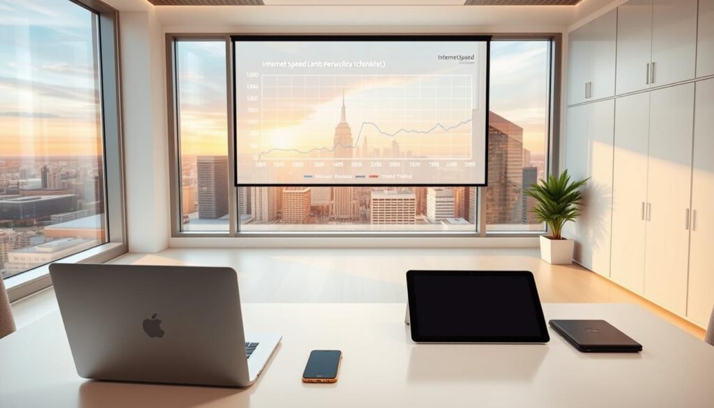 A well-organized modern office workspace with a sleek and minimalist design aesthetic. In the foreground, a laptop, smartphone, and tablet are neatly arranged on a clean, white desk, representing the various devices and technologies used to access the internet. In the middle ground, a line graph or chart depicting internet speed measurements and performance metrics is projected onto the wall, providing a clear visual representation of the technical checklist. The background features large windows overlooking a vibrant city skyline, bathed in warm, natural lighting that creates a sense of productivity and efficiency. The overall scene conveys a professional, tech-savvy atmosphere suitable for illustrating the "Technical checklist: the internet speeds and devices you need" section of the article.