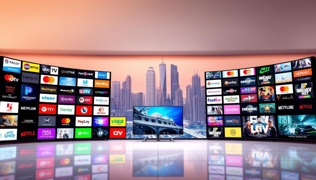 An expansive array of vibrant Malaysian IPTV channels, showcased against a sleek, minimalist backdrop. The foreground features a dynamic grid of channel logos, each shimmering with a distinct hue, reflecting the diversity of entertainment options. The middle ground presents a series of high-definition television screens, each displaying a different program, hinting at the depth and variety of content. In the background, a softly lit, futuristic cityscape sets the stage, evoking the modern, technology-driven nature of the Malaysian IPTV landscape. The overall scene is bathed in a warm, inviting glow, conveying a sense of accessibility and excitement for the viewer.