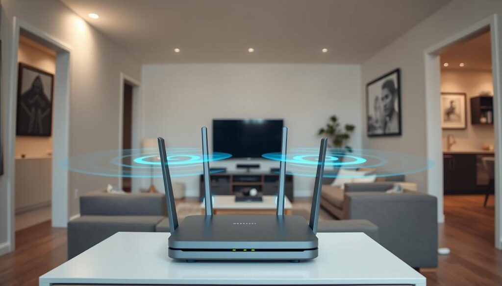 An interior scene depicting the optimal placement of a mesh WiFi router network for stable IPTV streaming throughout a modern home. In the foreground, a sleek, minimalist router sits atop a side table, strategically positioned to provide even coverage. The middle ground showcases a cozy living room setup, with a flat-screen TV and streaming devices seamlessly integrated. In the background, the hallway and adjoining rooms are visible, hinting at the full-home WiFi mesh system. Soft, diffused lighting creates a warm, inviting atmosphere, while the camera angle suggests a birds-eye view, emphasizing the holistic nature of the setup. Technical details such as antenna positioning and signal strength indicators provide visual cues for optimal router configuration.