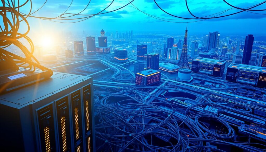 An intricate network of interconnected nodes and pathways, a CDN (Content Delivery Network) powers the seamless flow of digital content. In the foreground, a cluster of sleek, high-performance servers hum with activity, their lights blinking in a rhythmic pattern, conveying the dynamic nature of data transmission. The middle ground features a maze of cables, fiber optics, and routers, weaving a complex web that guides the content to its destination. In the background, a cityscape of towering data centers and telecommunication hubs stands as a testament to the scale and infrastructure required to deliver content globally. Vibrant blues and greens illuminate the scene, creating a sense of energy and efficiency, while the overall composition conveys the technical sophistication and precision inherent in a modern CDN.