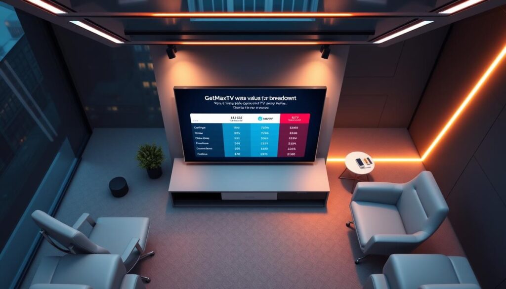 An overhead view of a sleek, modern office setting. In the center, a large flat-screen display shows a comparison of data points between GetMaxTV and traditional cable TV services. The display is surrounded by minimalist, ergonomic office furniture in neutral tones. Subtle accent lighting casts a warm glow, creating a professional and informative atmosphere. The background is a blurred cityscape, hinting at the global reach and scale of the IPTV market. The composition is balanced, with the display as the focal point, drawing the viewer's attention to the value breakdown details.