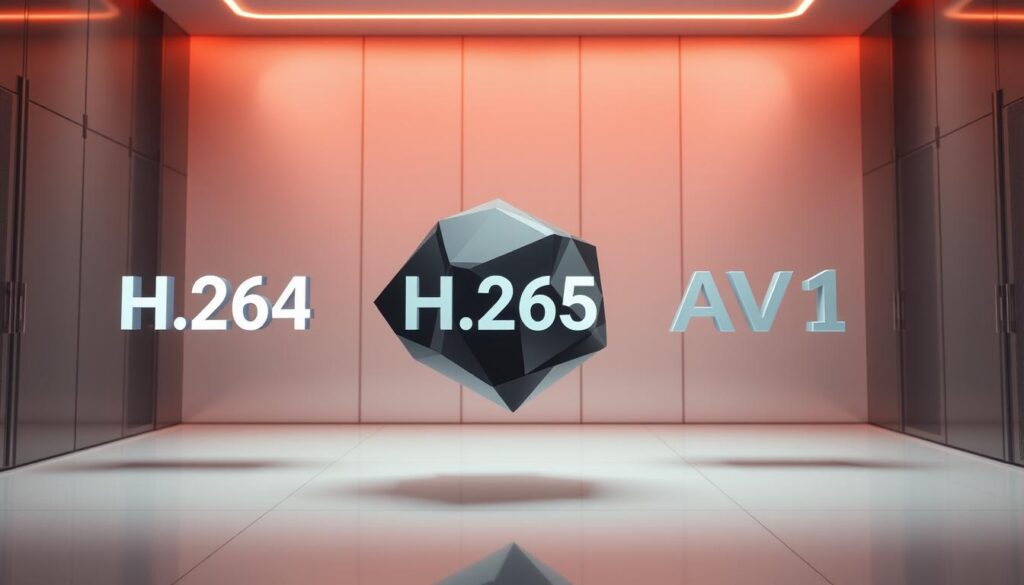 An overview of the core IPTV streaming video codecs, with H.264, H.265, and AV1 technologies prominently displayed. The scene depicts a futuristic, minimalist tech environment, with sleek, metallic panels and a clean, neutral color palette. The codecs are represented by abstract, geometric shapes floating in the foreground, their forms and patterns reflecting the technical complexity and evolution of video compression. Soft, directional lighting emphasizes the three-dimensional nature of the shapes, creating depth and a sense of technological sophistication. The background features a gradient of complementary hues, suggesting the broader landscape of IPTV streaming and the convergence of various codecs and standards.