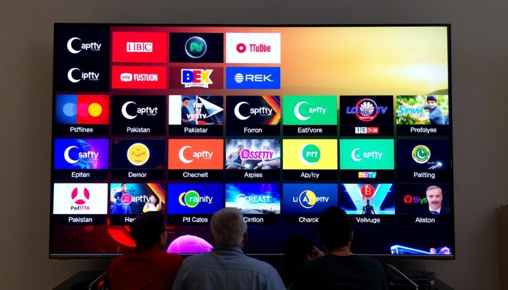 Vibrant array of Pakistani IPTV channels displayed on a modern smart TV screen, showcasing a diverse selection of local and international content. The screen's interface is sleek and intuitive, with vivid colors and crisp resolution. In the foreground, various channel logos and thumbnails are prominently featured, highlighting the breadth of entertainment options available. The middle ground depicts a group of people, both young and old, engrossed in the viewing experience, emphasizing the widespread appeal and significance of Pakistani IPTV. The background subtly suggests the evolving technological landscape, with hints of futuristic elements to convey the progressive nature of the industry. The overall scene conveys a sense of excitement, accessibility, and the transformative impact of Pakistani IPTV on the country's media landscape.